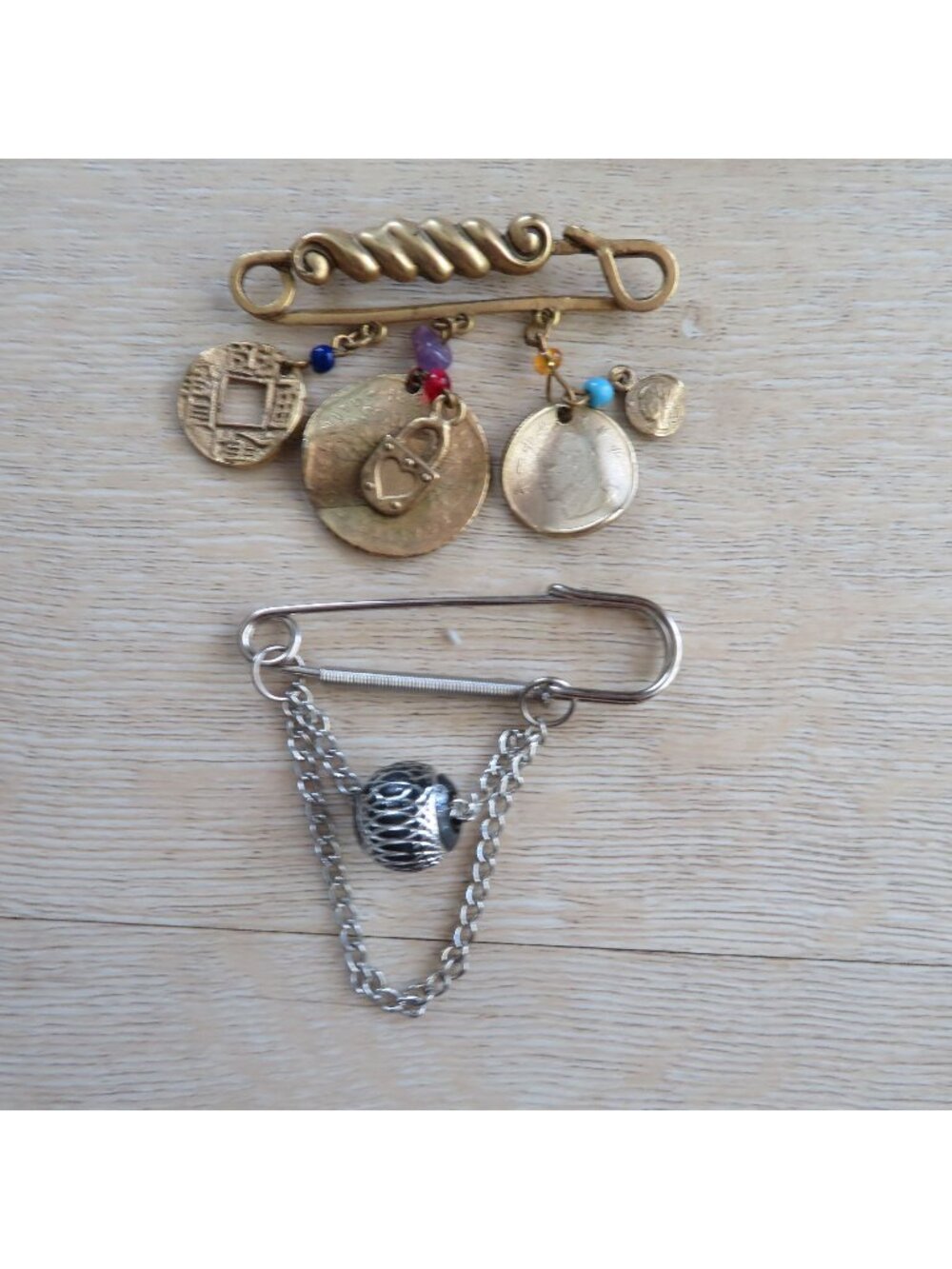Lot of 2 Vintage Gold & Silver Charm Brooch Pins Coins Beads Chain Details